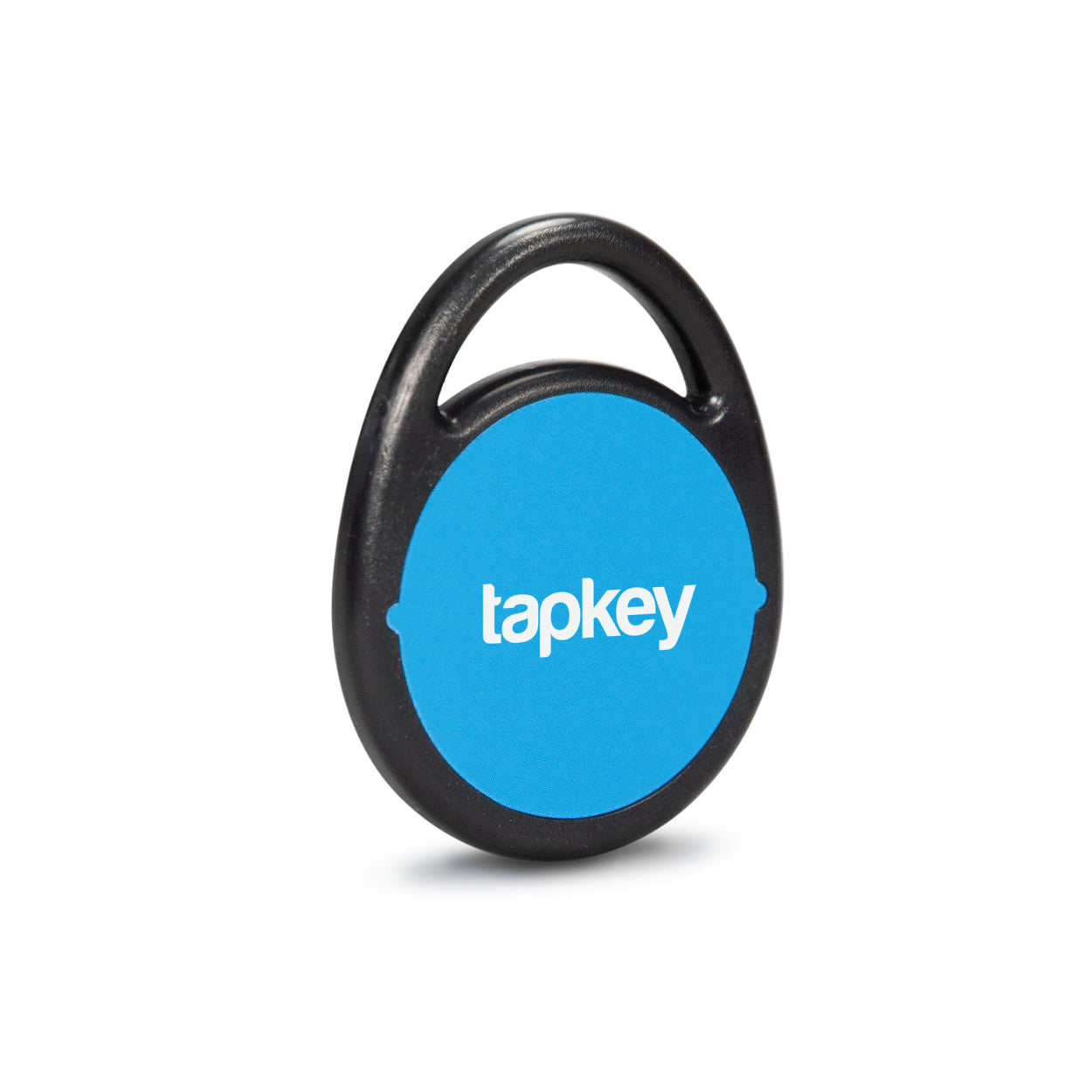 Round, blue NFC Tag with the Tapkey logo on it. | Runder, blauer NFC-Tag mit dem Tapkey-Logo darauf.